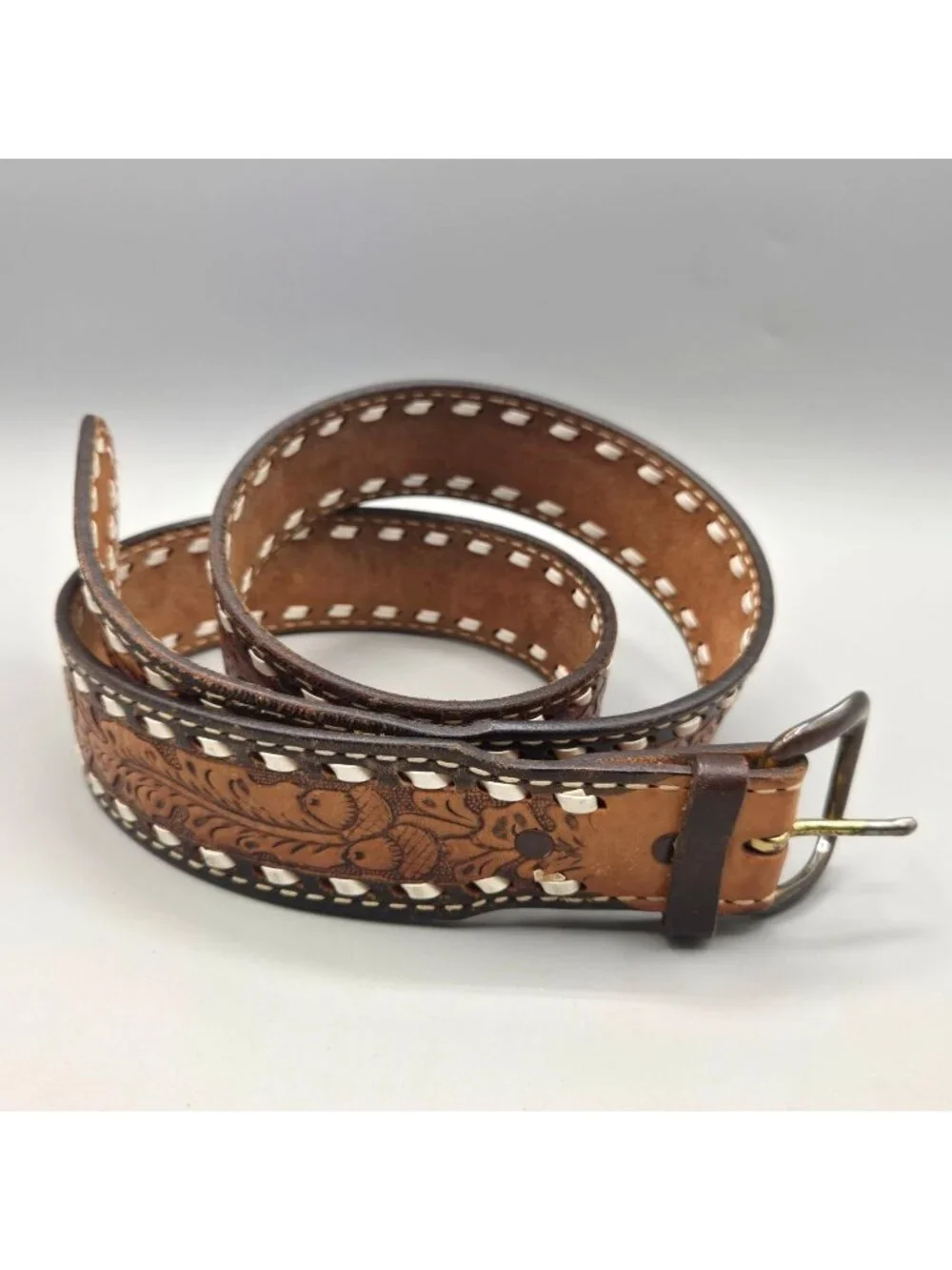Vintage Justin Tooled Top Grain Cowhide Leather Belt Acorn Leaf Design Western